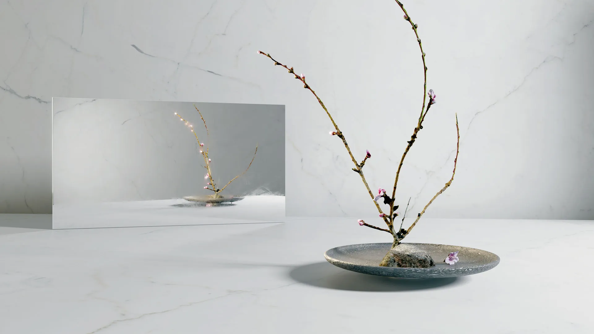 Caesarstone Porcelain surface with branches and mirror.