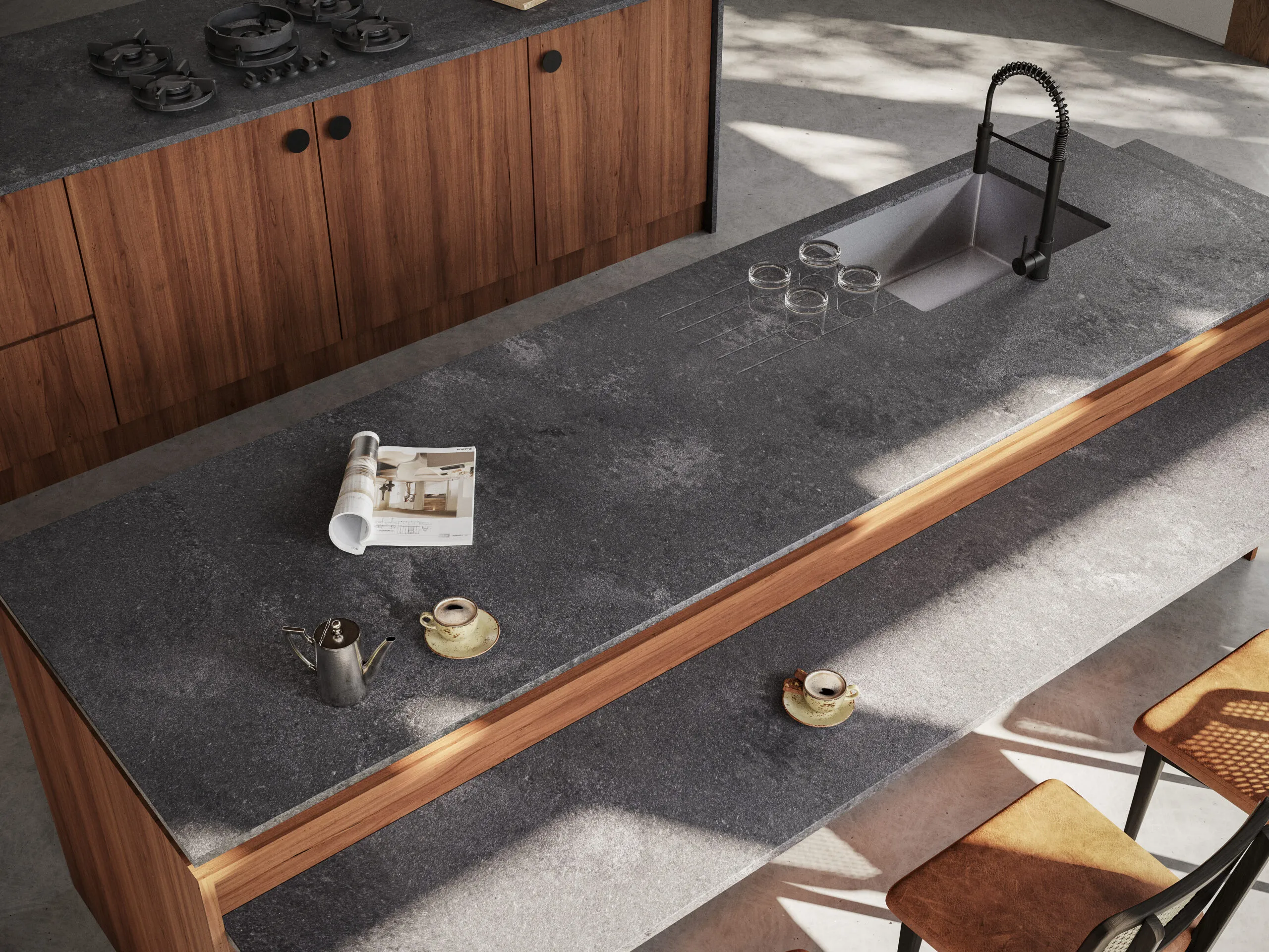 Dark Caesarstone quartz countertop with grainers groove texture, wood cabinets, and modern sink design.