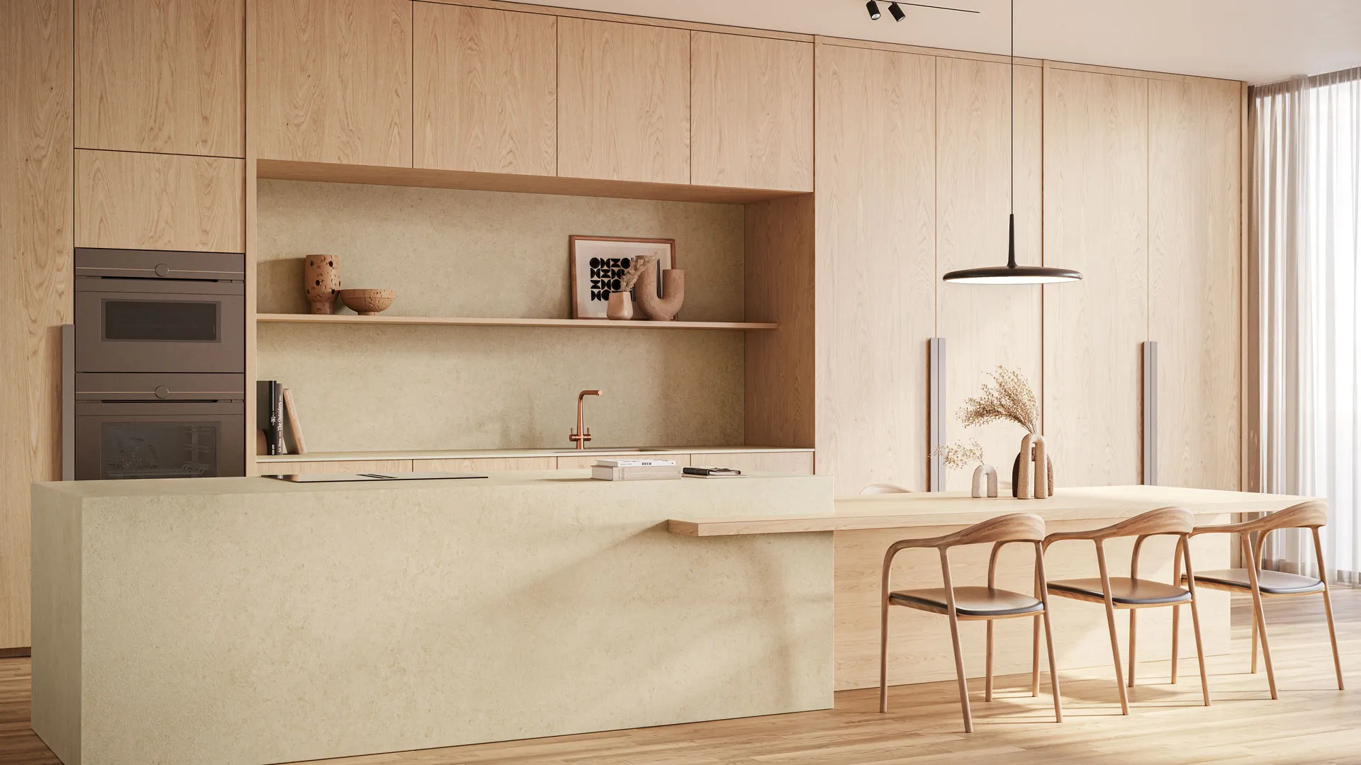 Modern Scandinavian-style kitchen featuring Caesarstone quartz surfaces in a soft beige tone. The design combines light wood cabinetry, minimalist lines, and natural light for a warm, harmonious atmosphere that blends functionality with timeless elegance.