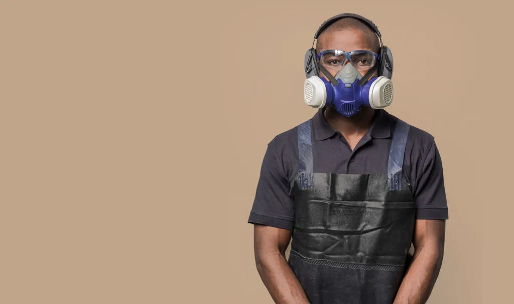 Fabricator wearing safety gear — respirator mask, goggles, ear protection, and apron — representing Caesarstone’s Good Practice Guide for safe fabrication.